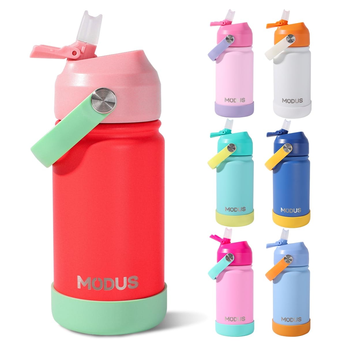 MODUS Garrafa Térmica Infantil 420ml em Aço Inox Parede Dupla Livre de BPA | com Canudo de Silicone, Alça e Adesivos